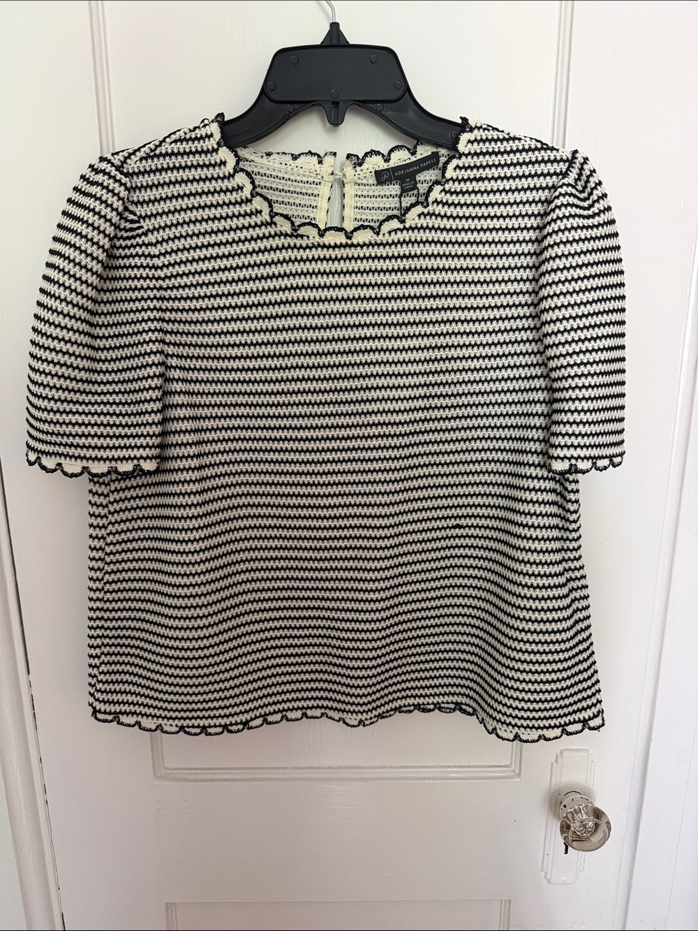 Adrianna Papell Black & White Striped Scalloped Knit Top